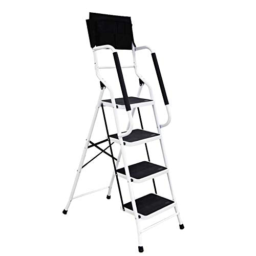 EdMaxwell 4 Step Ladder with Handrails 500 lb Capacity Step Stool Folding Portable Ladders for Home Kitchen Steel Frame with Non-Slip Wide Pedal Stepladder with Attachable Tool Bag White