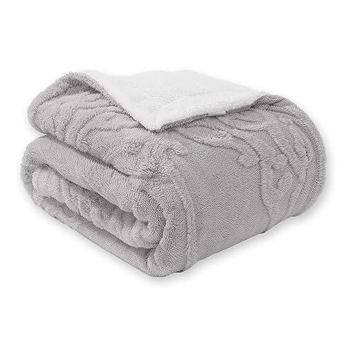 Amélie Home Sherpa Throw Blanket for Couch, Damask 3D Jacquard Pattern and Soft Teddy Sherpa Reverse, Decorative Fleece Thick Warm Blanket for Sofa Bed, Grey, 60"x 80"