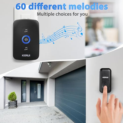 KERUI Wireless Doorbell Door Bell Chime 5 Volume Levels 60 Chimes Door Bells 1000ft Long Range Doorbell Kit with LED Flashing