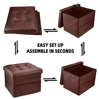 ALASDO Storage Ottoman with Double Pocket Folding Rectangle Cube Ottoman Foot Rest Stool Leather Ottomans Foot Rest for Bedroom L17W13H13(Brown)