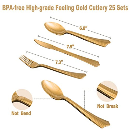 350PCS White and Gold Party Supplies, Severs 50 Disposable Gold Paper Plates Party Supplies Engagement Party Decorations Gold Plastic Forks Knives Spoons Napkins Cups for Wedding Bachelorette