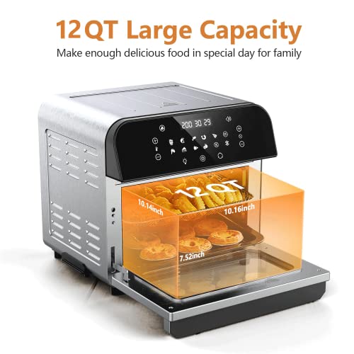 whall Air Fryer Oven,12QT 12-in-1 Air Fryer Convection Oven,Rotisserie,Roast,Bake,Dehydrate,12 Cooking Presets,Digital Touchscreen,Stainless Steel,with Accessories&Recipes