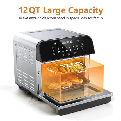 whall Air Fryer Oven,12QT 12-in-1 Air Fryer Convection Oven,Rotisserie,Roast,Bake,Dehydrate,12 Cooking Presets,Digital Touchscreen,Stainless Steel,with Accessories&Recipes
