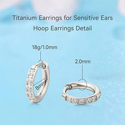 Limerencia Hypoallergenic Pure Titanium Pairs Small Huggie Hoop Earrings, Lightweight Cartilage Hoops Small Cubic Zirconia Cuff Earrings Mini Piercing Jewelry for Women Girls Teen (8mm, White CZ)