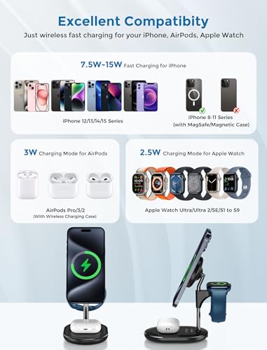 3 in 1 Wireless Charging Station for Apple MagSafe Charger, 15W Fast Magnetic Mag-Safe Charger Stand for iPhone 15 14 13 12 Series Apple Watch AirPods Multiple Devices,Adjustable Angle, Gifts for Men
