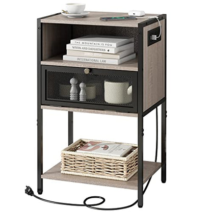 SOOWERY Nightstand with Charging Station, End Table with USB Ports and Outlets, Bedside Tables with Storage Space and Door, for Bedroom, Living Room, Greige
