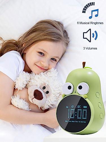 Alarm Clock for Kids: Cute Pear Design, Snooze, Triple Alarms, 5 Ringtones- Premium Digital Wake Up Clock for Children's Bedrooms - Rechargeable