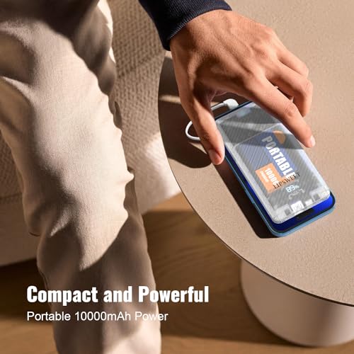 LIPSWEET Portable Power Bank, Slim10000mAh Portable Charger, 20W USB C External Battery Pack with Built-in AC Wall Plug, Three Cables Compatible with iPhone Tablet Smartphone and More (Transparent)