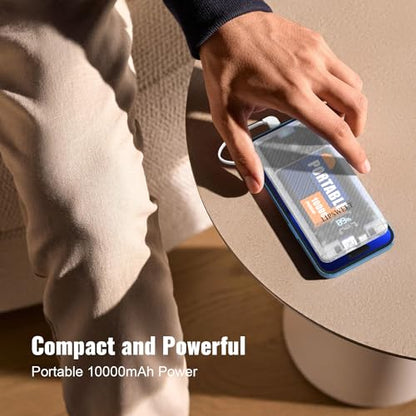 LIPSWEET Portable Power Bank, Slim10000mAh Portable Charger, 20W USB C External Battery Pack with Built-in AC Wall Plug, Three Cables Compatible with iPhone Tablet Smartphone and More (Transparent)