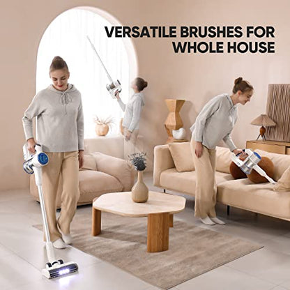 Cordless Vacuum Cleaner 25KPa 320W Powerful Lightweight Stick Vacuum with 60mins Long Runtime Detachable Battery, Flexible Flat & LED Headlights Vac One-Touch for Stair Hardwood Floor Carpet Pet Hair