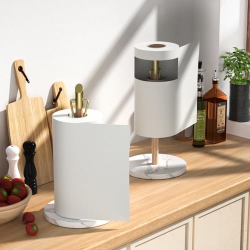 ASTOFLI Marble Paper Towel Holder Stand, Gold Paper Towel Holder Countertop, Wood Paper Towel Stand for Kitchen, Weighted Paper Towel Holder Counter, Free Standing Paper Towel Holder for Large Rolls