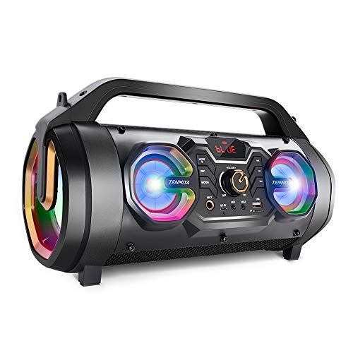 Bluetooth Speaker, 30W Portable Bluetooth Boombox with Subwoofer, FM Radio, RGB Colorful Lights, EQ, Stereo Sound, Booming Bass, 10H Playtime Wireless Outdoor Speaker for Home, Party, Travel, Camping