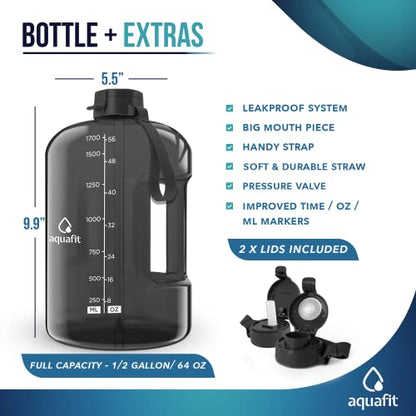 AQUAFIT Half Gallon Water Bottle With Times To Drink - 64 oz Water Bottle With Straw - Water Jug - Motivational Water Bottle - Large Water Bottle - Sports Water Bottle With Time Marker for Gym