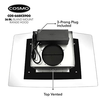COSMO 668ICS900 36 in. Island Range Hood with 380 CFM, 3 Speeds, Ducted, Permanent Filters, Soft Touch Controls, LED Lights, Curved Glass Hood in Stainless Steel