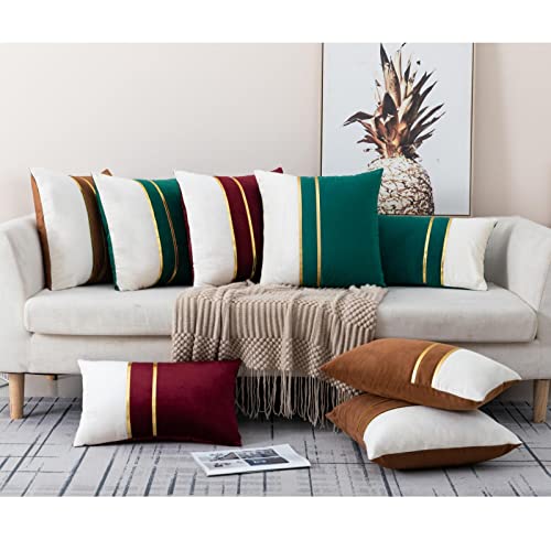 ZLINA Set of 2 Velvet Decorative Throw Pillow Covers Coffee Brown White Patchwork with Gold Leather Pillow Covers 24 × 24 Inch Cushion Covers Decor Living Room Sofa Bedroom Car