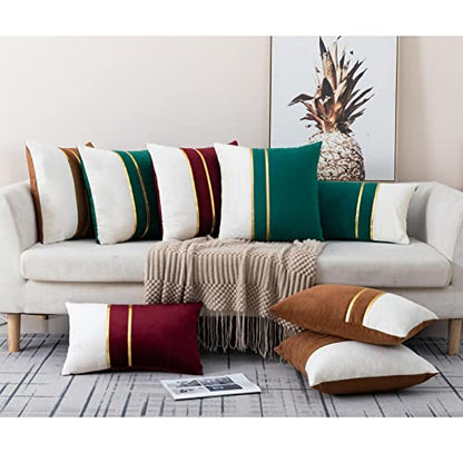 ZLINA Set of 2 Velvet Decorative Throw Pillow Covers Coffee Brown White Patchwork with Gold Leather Pillow Covers 24 × 24 Inch Cushion Covers Decor Living Room Sofa Bedroom Car