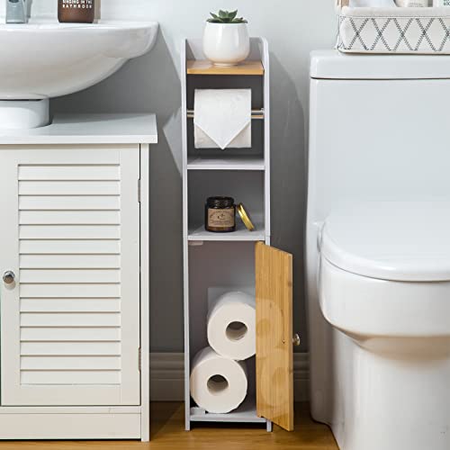 Bathroom Storage Cabinet Toilet Paper Storage for Small Bathroom,Bathroom Storage Cabinet with Toilet Roll Holder,Toilet Paper Stand for Small Space,White/Bamboo by AOJEZOR