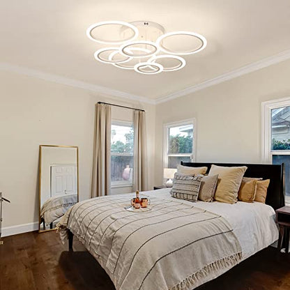 YEEZONE LED Ceiling Light, Modern Chandelier 7 Rings White Ceiling Light Fixture 34" 120W 10000LM Remote Control Dimmable 3000K-6500K for Living Room, Dining Room, Kitchen, Bedroom, Office