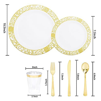 GreenElevate Plastic Plates, 300 Pieces Disposable Plates for 50 Guests: 50 Dinner Plates, 50 Dessert Plates, 50 Cups, 50 Gold Plastic Silverware, Disposable Party Plates Set