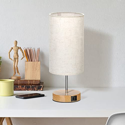 Bedside Lamp with USB C+A Ports - Touch Control Small Table Lamp for Bedroom with 3 Lighting Modes,Nightstand Lamps with Round Flaxen Fabric Shade for Living Room, Dorm, Office (LED Bulb Included)