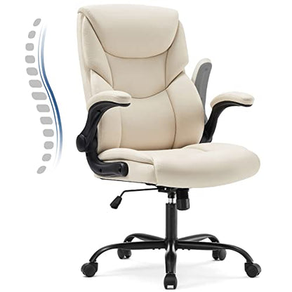 JHK Executive High Back Big and Tall Leather Office Desk Chairs with Flip Up Arms Ergonomic Lumbar Support, Adjustable Height,Wheels, Soft Padded, Black, Cream