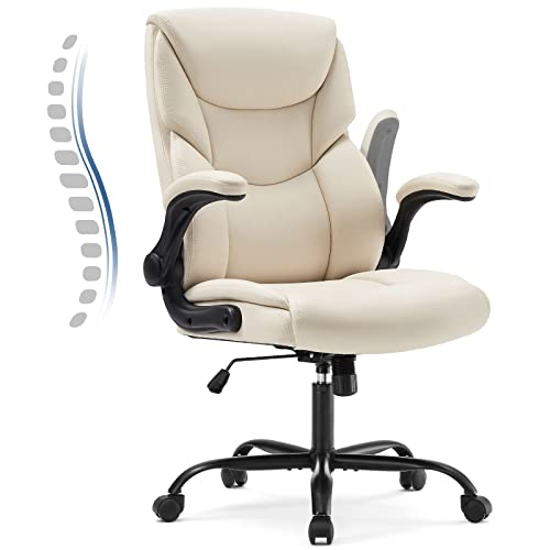 JHK Executive High Back Big and Tall Leather Office Desk Chairs with Flip Up Arms Ergonomic Lumbar Support, Adjustable Height,Wheels, Soft Padded, Black, Cream