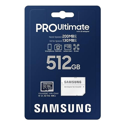 SAMSUNG PRO Ultimate microSD Memory Card + Adapter, 512GB microSDXC, Up to 200 MB/s, 4K UHD, UHS-I, Class 10, U3,V30, A2 for GoPRO Action Cam, DJI Drone, Gaming, Phones, Tablets, MB-MY512SA/AM