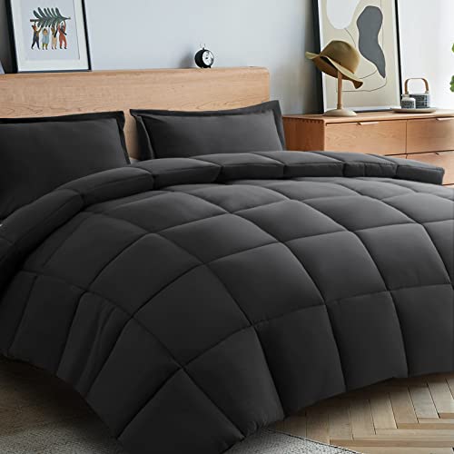 BEDHOURS Queen Comforter Set-3 Pieces Down Alternative Queen Size-All Season Reversible Comforter with 2 Pillow Shams-Corner Tabs Machine Washable (Dark Grey Queen)