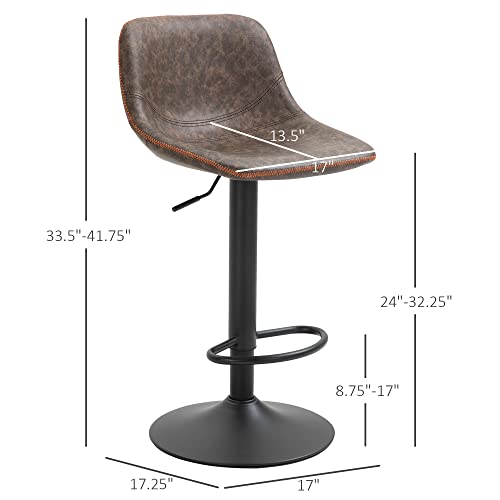HOMCOM Adjustable Bar Stools, Swivel Bar Height Chairs Barstools Padded with Back for Kitchen, Counter, and Home Bar, Set of 2, Brown