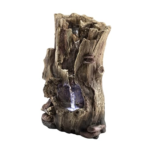 Alpine Corporation WIN326 Indoor Tabletop Light-Up Tiered Rainforest Tree Trunk Water Fountain with LED Lights, 11", Brown