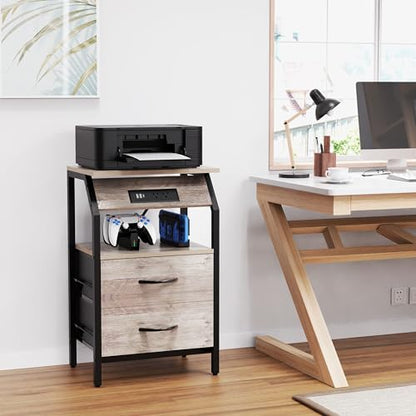 SZLHANJZ Storage End Table, Charging Nightstand with 2 Drawers, Small Fabric Dresser for Bedside, Wood and Metal Side Table for Bedroom, Living Room, Dorm, Grey Oak