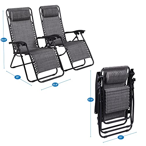 Zero Gravity Chairs Set of 2 Pool Lounge Chair Zero Gravity Recliner Lawn Patio Outdoor Porch Beach Backyard Anti Gravity Chair Folding Reclining Camping Chair with Headrest by Naomi Home - Grey