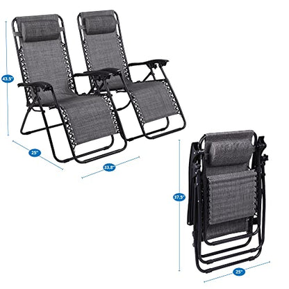 Zero Gravity Chairs Set of 2 Pool Lounge Chair Zero Gravity Recliner Lawn Patio Outdoor Porch Beach Backyard Anti Gravity Chair Folding Reclining Camping Chair with Headrest by Naomi Home - Grey