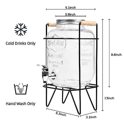 Glass Beverage Dispenser with Sturdy Metal Base and Spigots - 4L Capacity, Sealed Wooden Lid, Wine Barrel Ideal for Beverages, Alcohol, Kombucha and Detergent