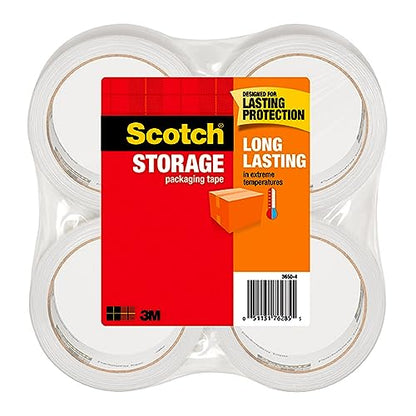 Scotch Long Lasting Storage Packaging Tape, 1.88" x 54.6 yd, Designed for Storage and Packing, Stays Sealed in Weather Extremes, 3" Core, Clear, 4 Rolls (3650-4)