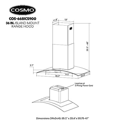 COSMO 668ICS900 36 in. Island Range Hood with 380 CFM, 3 Speeds, Ducted, Permanent Filters, Soft Touch Controls, LED Lights, Curved Glass Hood in Stainless Steel