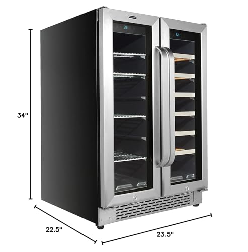 Whynter BWB-2060FDSa 24″ Built-in French Door 20 Bottle Wine Refrigerator 60 Can Beverage Center, 30" Wide Dual Zone, Stainless Steel