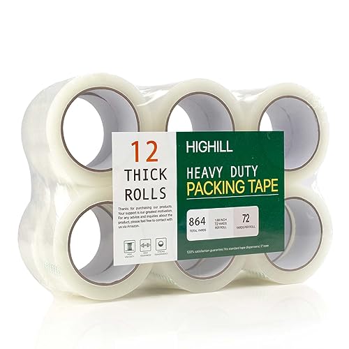 Highill Heavy Duty Packing Tape Thicker Clear Packing Tape for Shipping Packaging Moving Sealing 12 Rolls, Total 864Y 2.5mil, 1.88 inch x 72 Yards