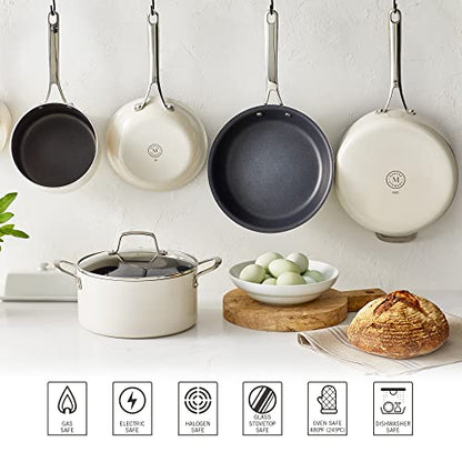 Martha Stewart Lockton Premium Nonstick 10 Piece Enamel Heavy Gauge Aluminum Pots and Pans Cookware Set - Linen White