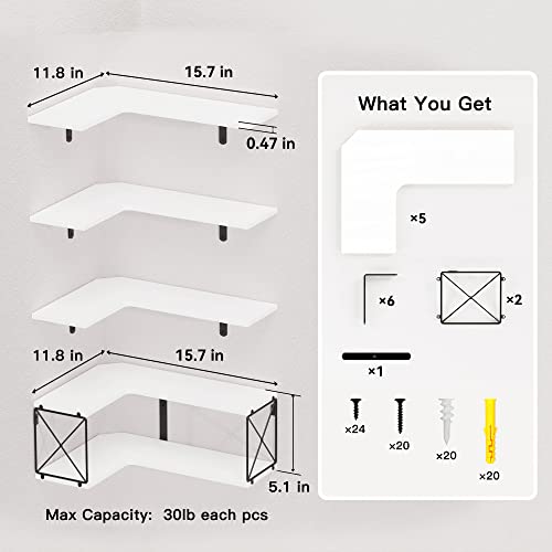RICHER HOUSE 5-Tier Corner Floating Shelves Set of 5,White Corner Shelves for Wall Storage, L-Shaped Corner Wall Mounted Shelf for Bedroom, Living Room, Bathroom, Kitchen - White