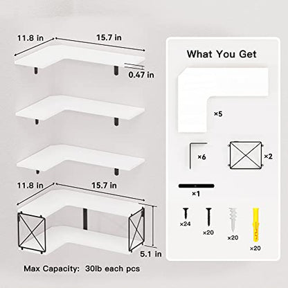 RICHER HOUSE 5-Tier Corner Floating Shelves Set of 5,White Corner Shelves for Wall Storage, L-Shaped Corner Wall Mounted Shelf for Bedroom, Living Room, Bathroom, Kitchen - White