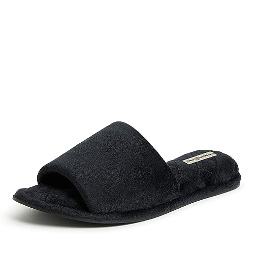 Dearfoams Women's Beatrice Velour Slide Slipper, Black, Medium
