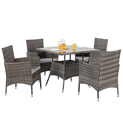 Wisteria Lane Outdoor Furniture 5-Piece Wicker Patio Dining Table and Chair Set,Square Tempered Glass Table Top with Umbrella Hole for Backyard,Grey