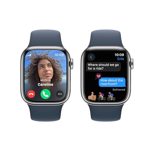 Apple Watch Series 9 [GPS + Cellular 41mm] Smartwatch with Silver Stainless Steel Case with Storm Blue Sport Band S/M. Fitness Tracker, Blood Oxygen & ECG Apps, Always-On Retina Display