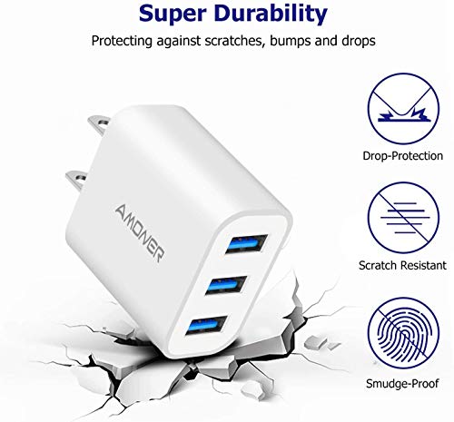 Amoner 2Pack 15W 3-Port Plug Power Adapter for iPhone 14/13/12/11/Pro/ProMax/Xs/XR/X/8, Galaxy S22 S21 and More