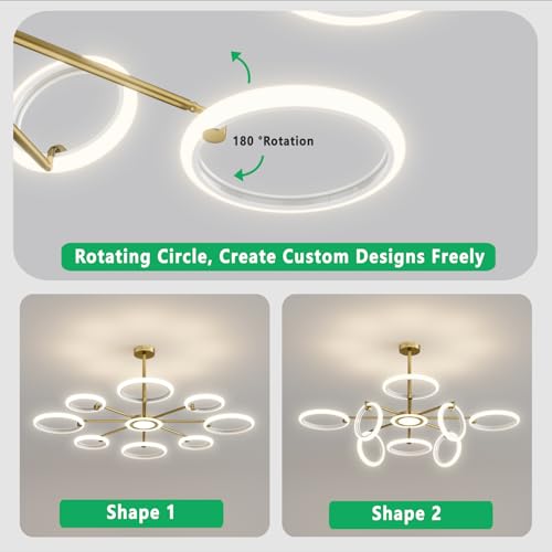 OUQI Dimmable Ceiling Light Fixture,Led Flush Mount Ceiling Light, Morden Gold Round Chandelier,7000K Ceiling Lights With Remote,Adjustable highness Chandelier For Dinning Room, Living Room,Bedroom
