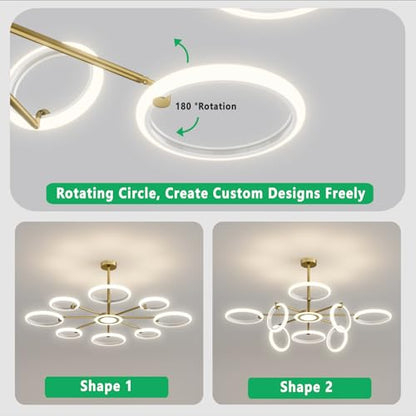 OUQI Dimmable Ceiling Light Fixture,Led Flush Mount Ceiling Light, Morden Gold Round Chandelier,7000K Ceiling Lights With Remote,Adjustable highness Chandelier For Dinning Room, Living Room,Bedroom