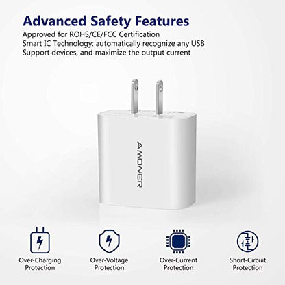 Amoner 2Pack 15W 3-Port Plug Power Adapter for iPhone 14/13/12/11/Pro/ProMax/Xs/XR/X/8, Galaxy S22 S21 and More
