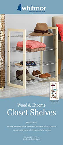 Whitmor 4 Tier Storage Organizer-Natural Wood and Chrome Closet, 4 Shelf