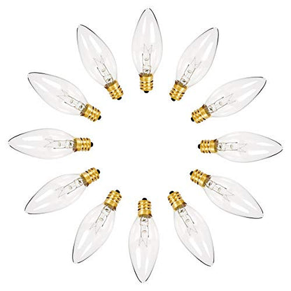 Holiday Joy - Crystal Clear Torpedo Tip Candelabra Replacement Bulbs - Great for Electric Window Candle Lamps - 7W - 120 Volts - E12 (12 Pack)